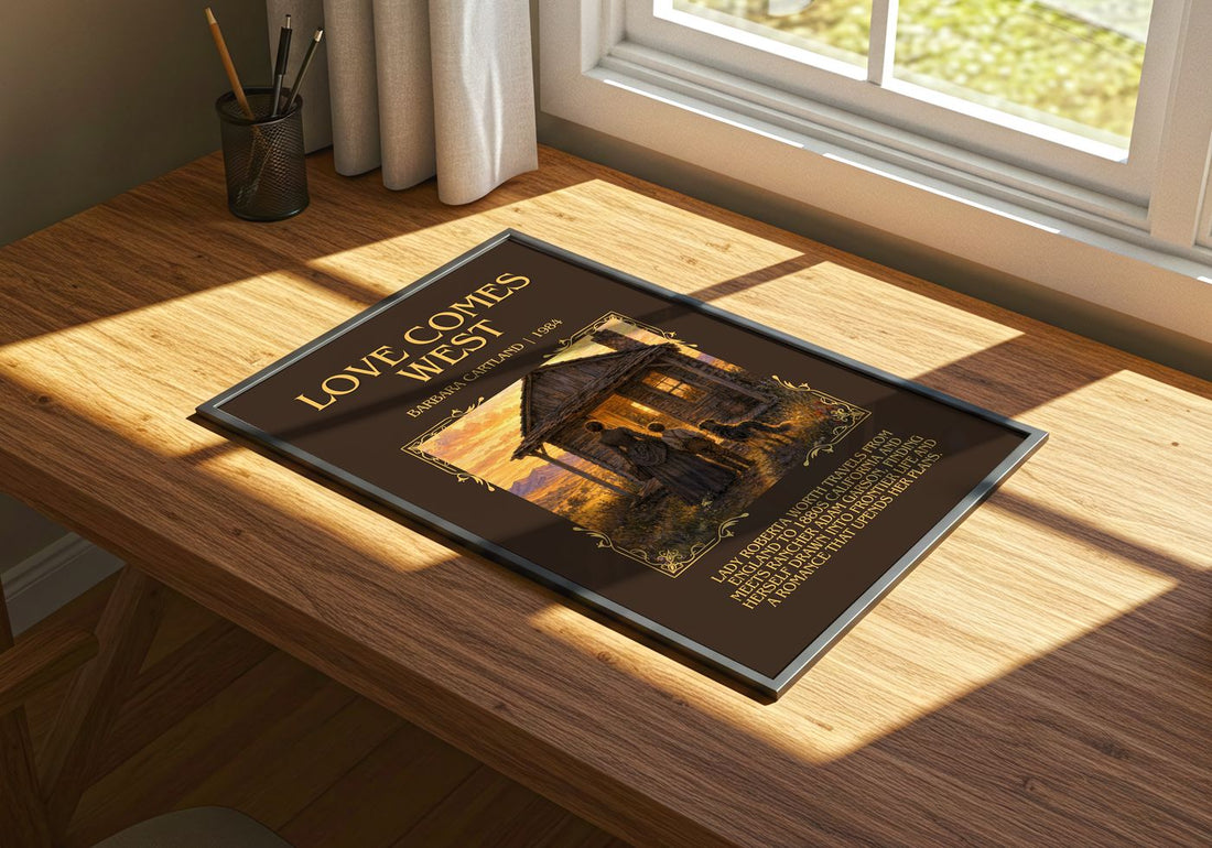 Love Comes West Minimalist Book Poster by Barbara Cartland – print on a sunlit desk