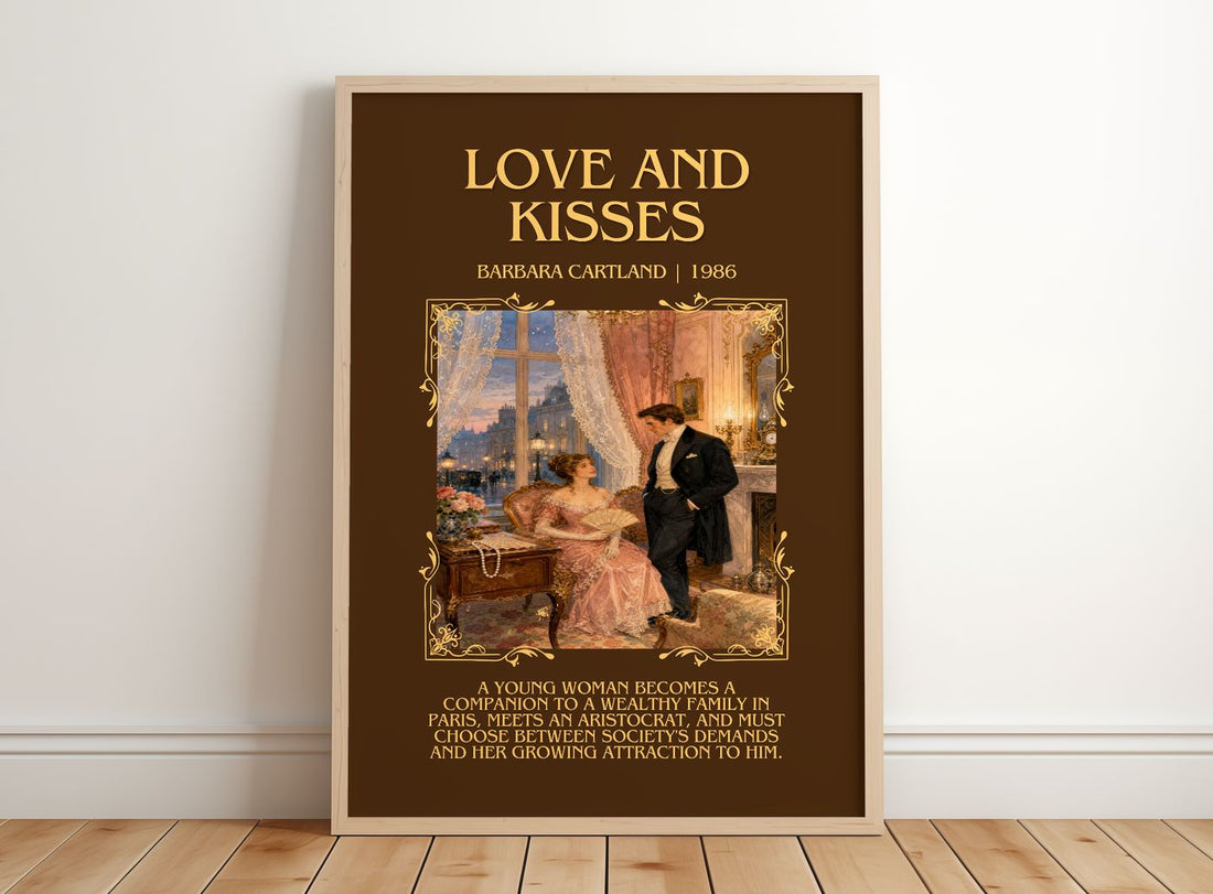 Love And Kisses Minimalist Book Poster by Barbara Cartland – framed print leaning on a wooden floor