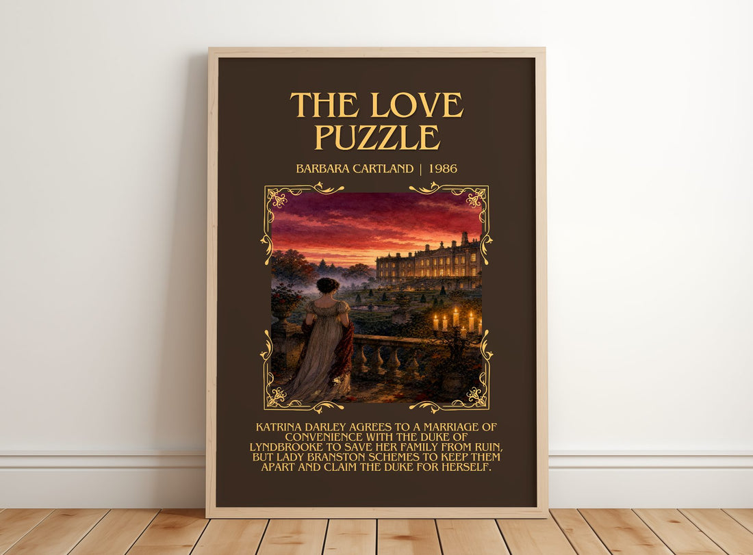 The Love Puzzle Minimalist Book Poster by Barbara Cartland – framed print leaning on a wooden floor