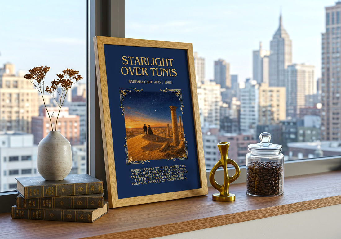 Starlight Over Tunis Minimalist Book Poster by Barbara Cartland – framed print on a city-view windowsill