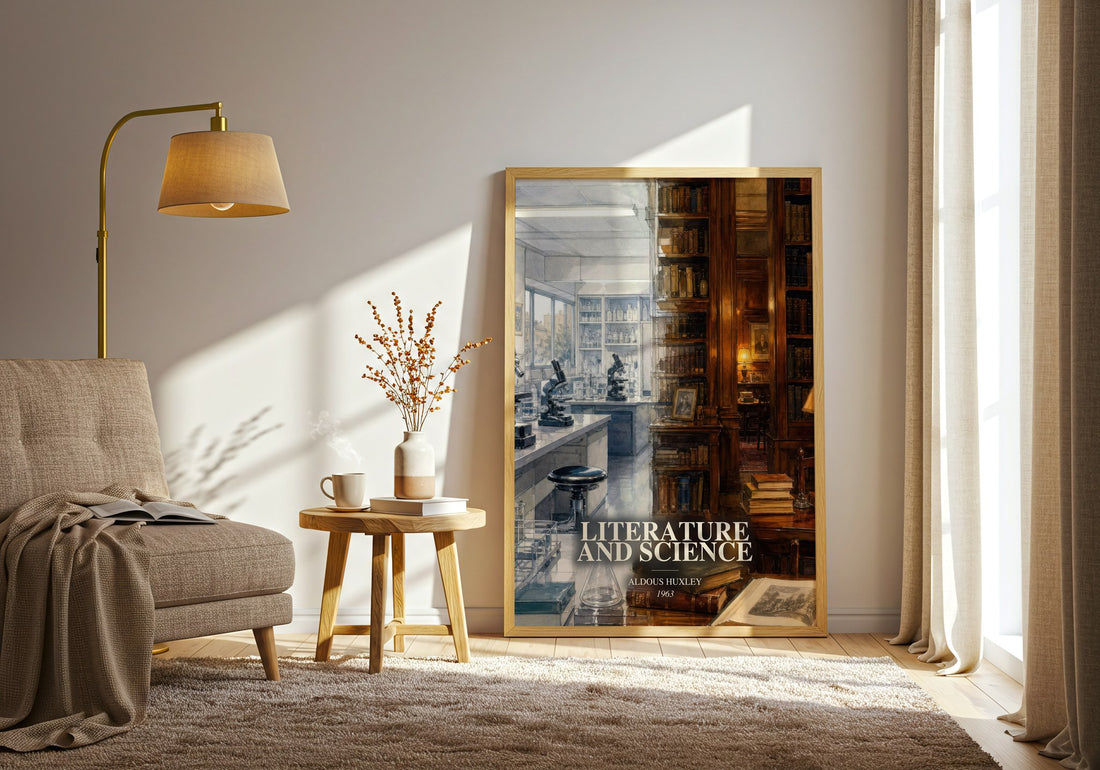 Literature And Science watercolour print in frame leaning in hallway – non fiction wall art (mockup)
