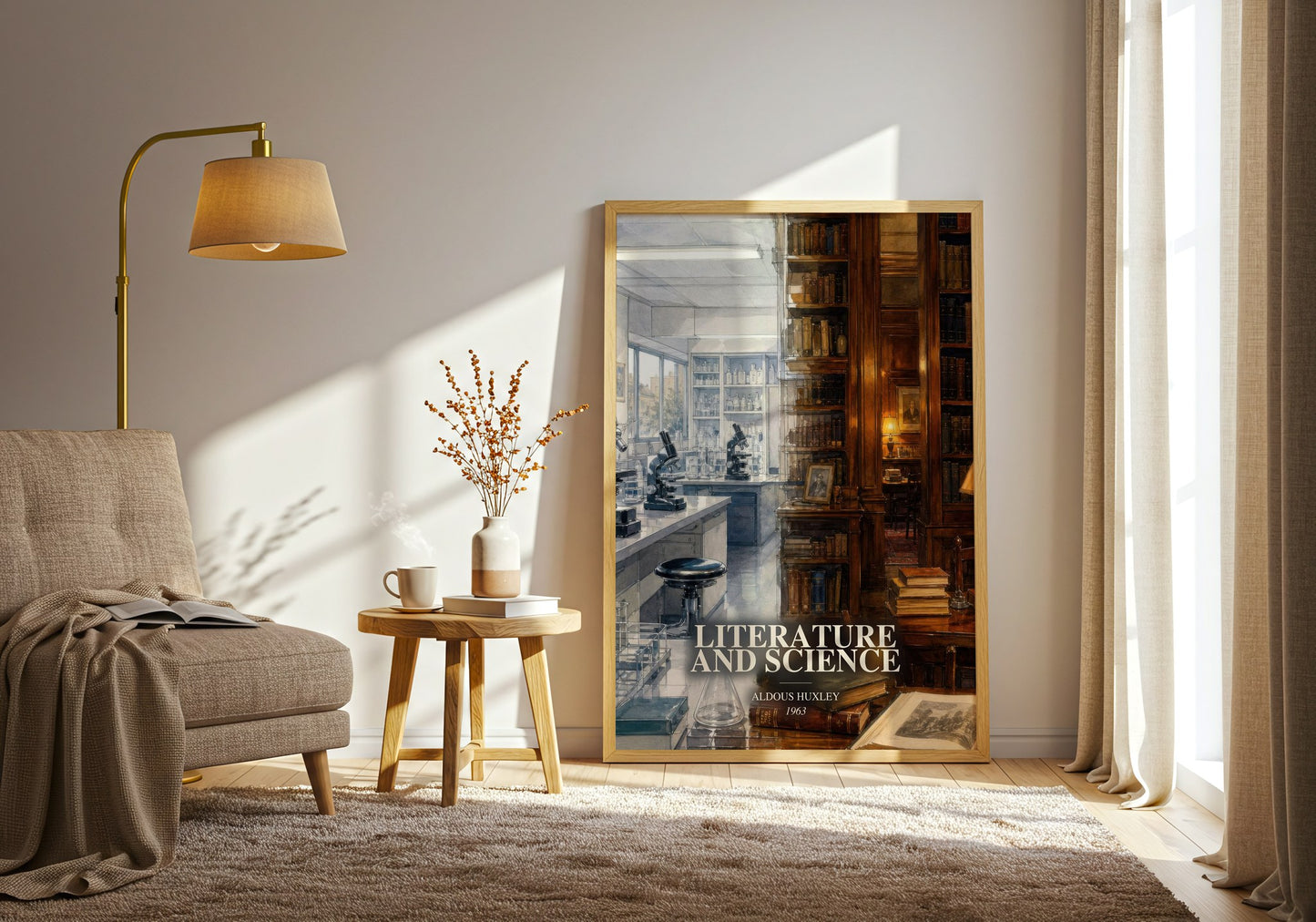 Literature And Science watercolour print in frame leaning in hallway – non fiction wall art