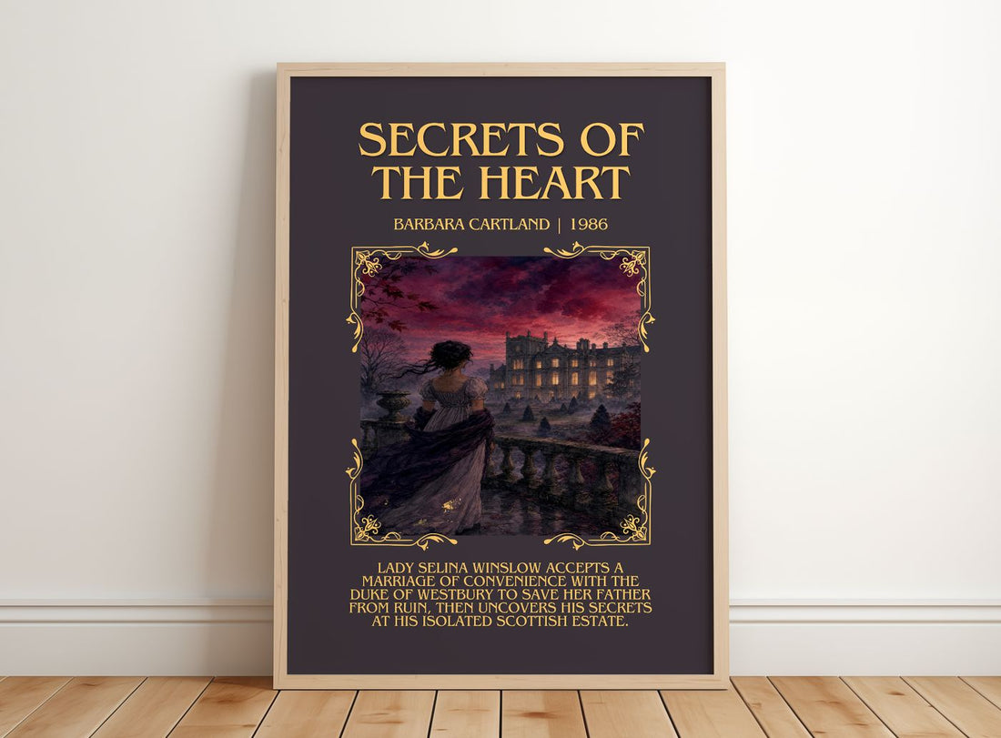 Secrets Of The Heart Minimalist Book Poster by Barbara Cartland – framed print leaning on a wooden floor