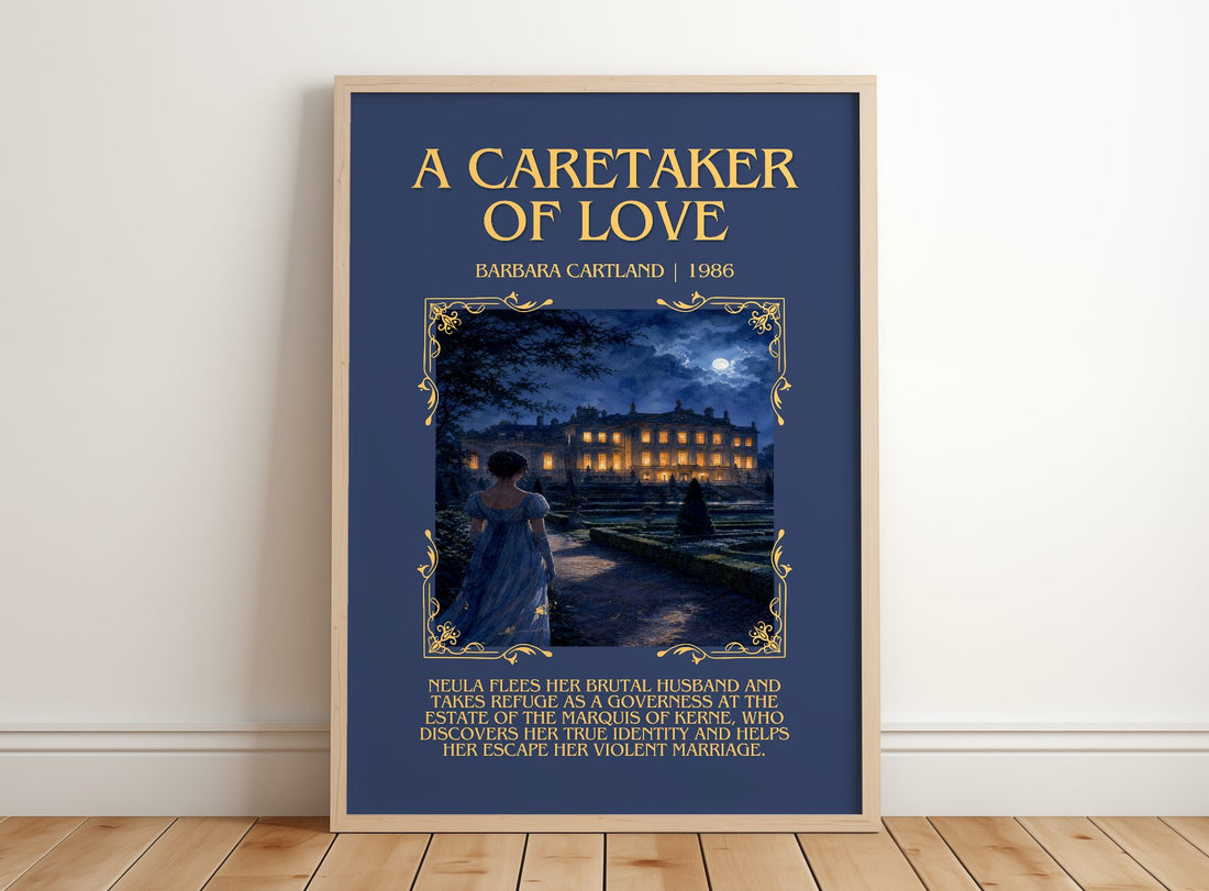 A Caretaker Of Love Minimalist Book Poster by Barbara Cartland – framed print leaning on a wooden floor