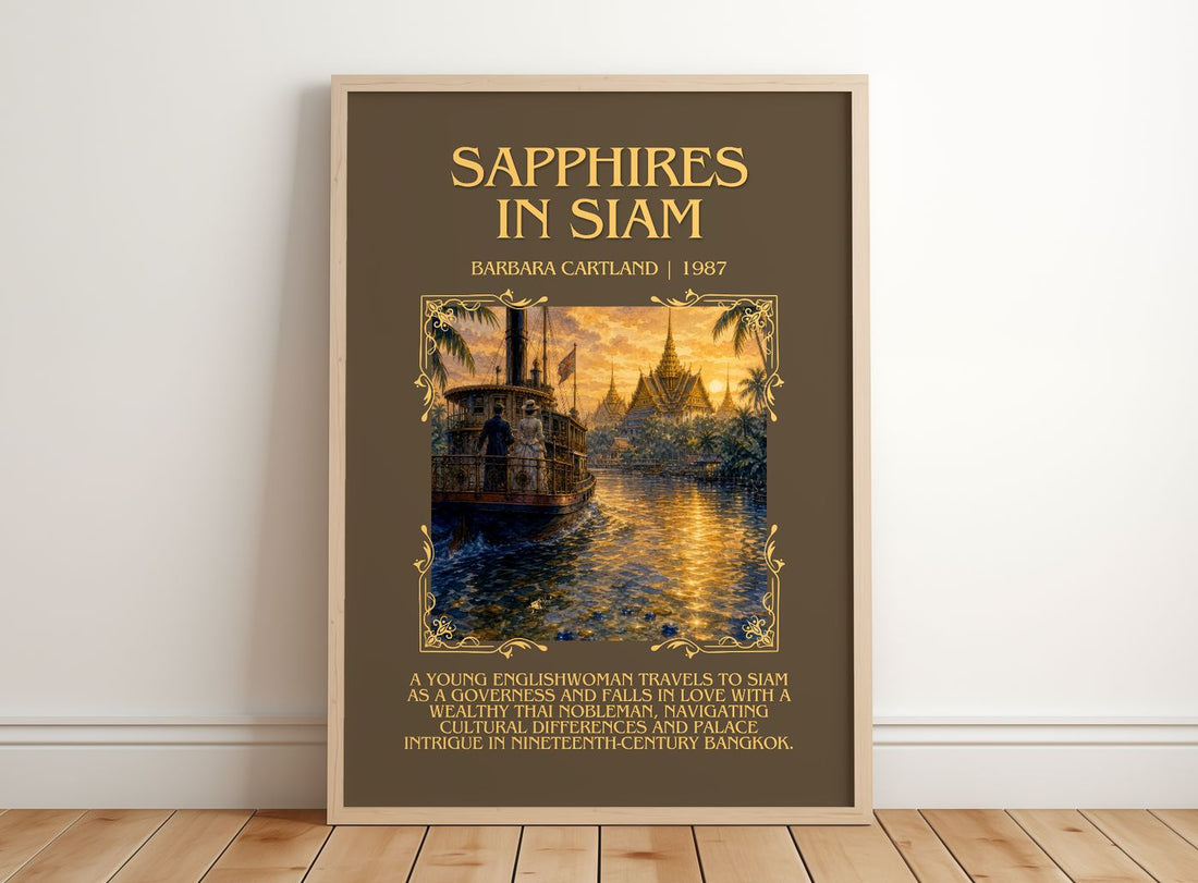 Sapphires In Siam Minimalist Book Poster by Barbara Cartland – framed print leaning on a wooden floor