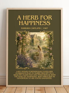 A Herb For Happiness Minimalist Book Poster by Barbara Cartland – framed print leaning on a wooden floor