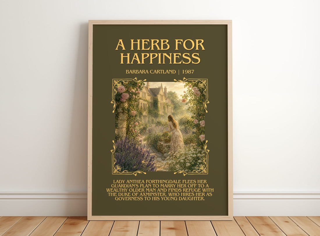 A Herb For Happiness Minimalist Book Poster by Barbara Cartland – framed print leaning on a wooden floor