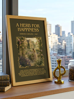 A Herb For Happiness Minimalist Book Poster by Barbara Cartland – framed print on a city-view windowsill