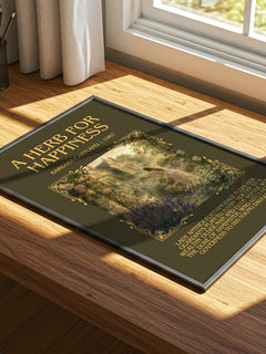 A Herb For Happiness Minimalist Book Poster by Barbara Cartland – print on a sunlit desk