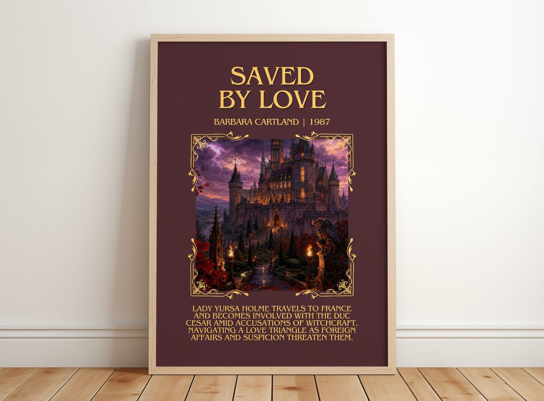 Saved By Love Minimalist Book Poster by Barbara Cartland – framed print leaning on a wooden floor