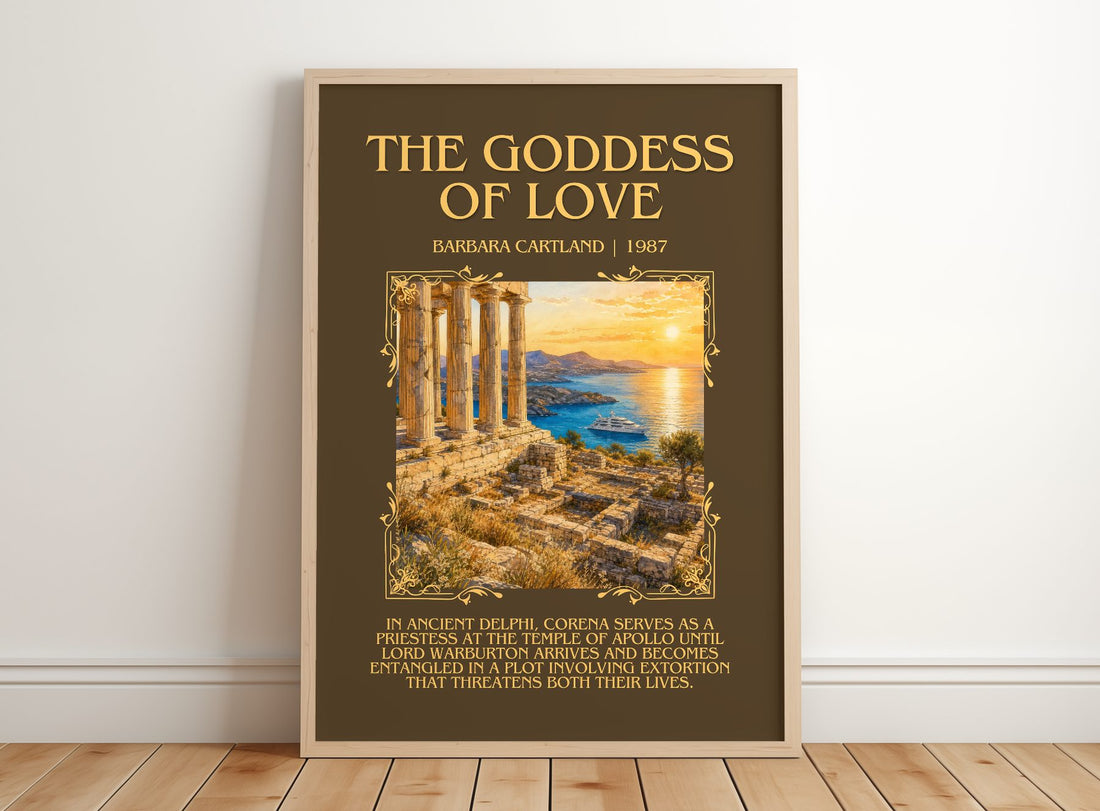 The Goddess Of Love Minimalist Book Poster by Barbara Cartland – framed print leaning on a wooden floor