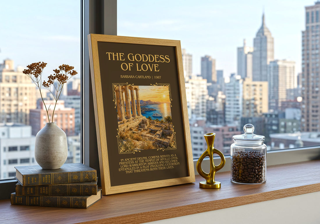 The Goddess Of Love Minimalist Book Poster by Barbara Cartland – framed print on a city-view windowsill