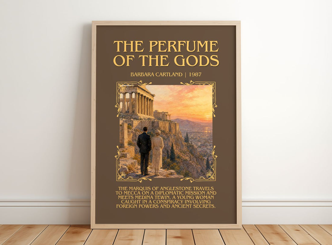 The Perfume Of The Gods Minimalist Book Poster by Barbara Cartland – framed print leaning on a wooden floor