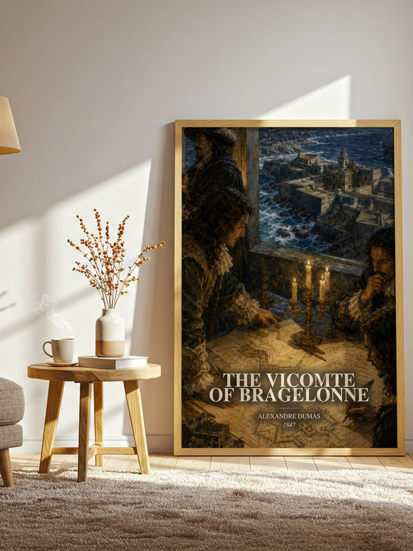 The Vicomte Of Bragelonne watercolour print in frame leaning in hallway – historical fiction wall art