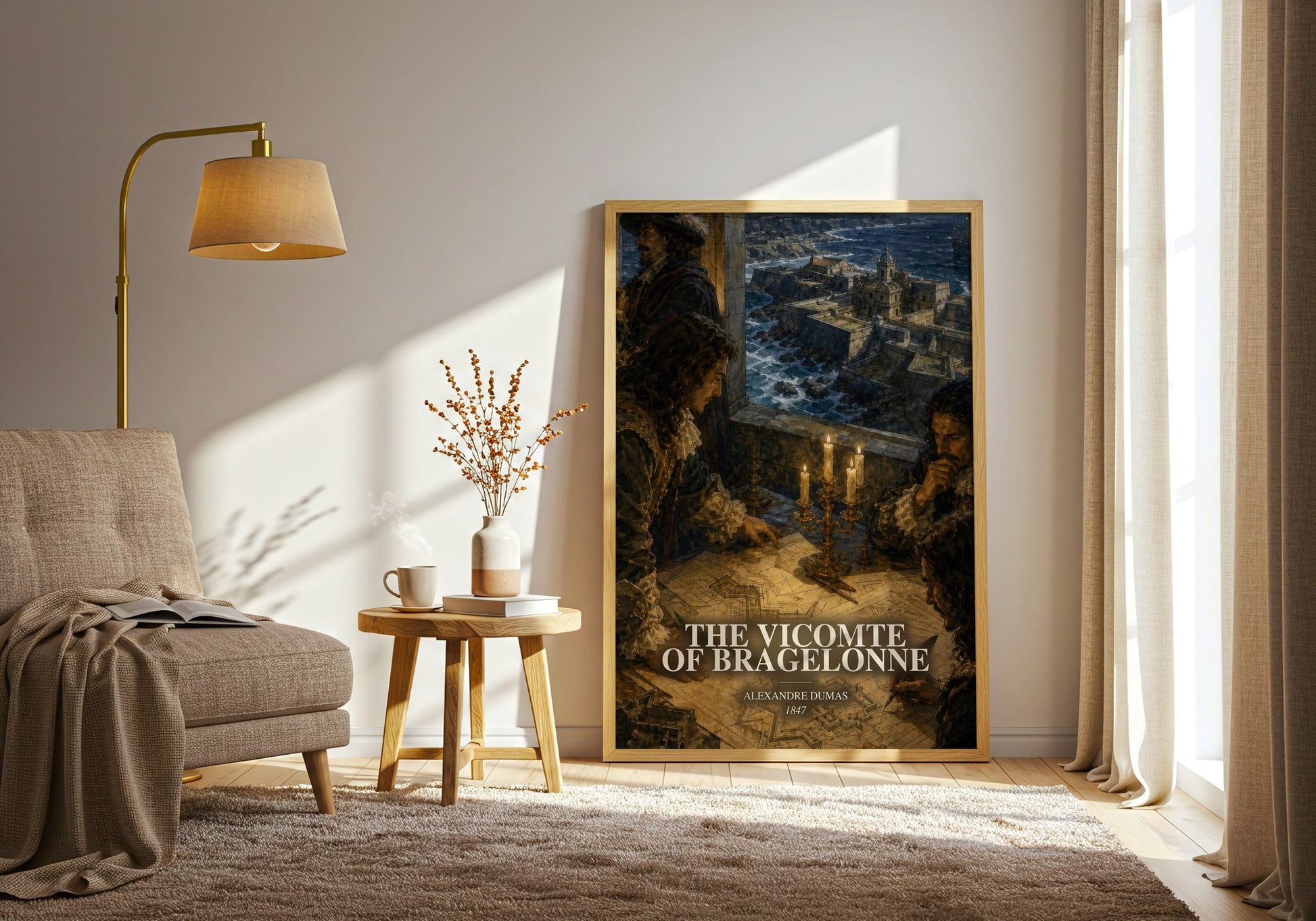 The Vicomte Of Bragelonne watercolour print in frame leaning in hallway – historical fiction wall art