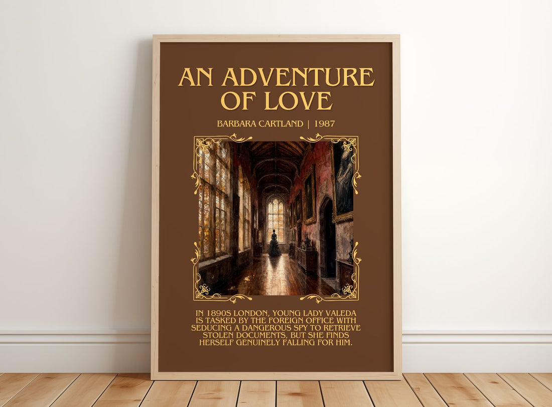 An Adventure Of Love Minimalist Book Poster by Barbara Cartland – framed print leaning on a wooden floor