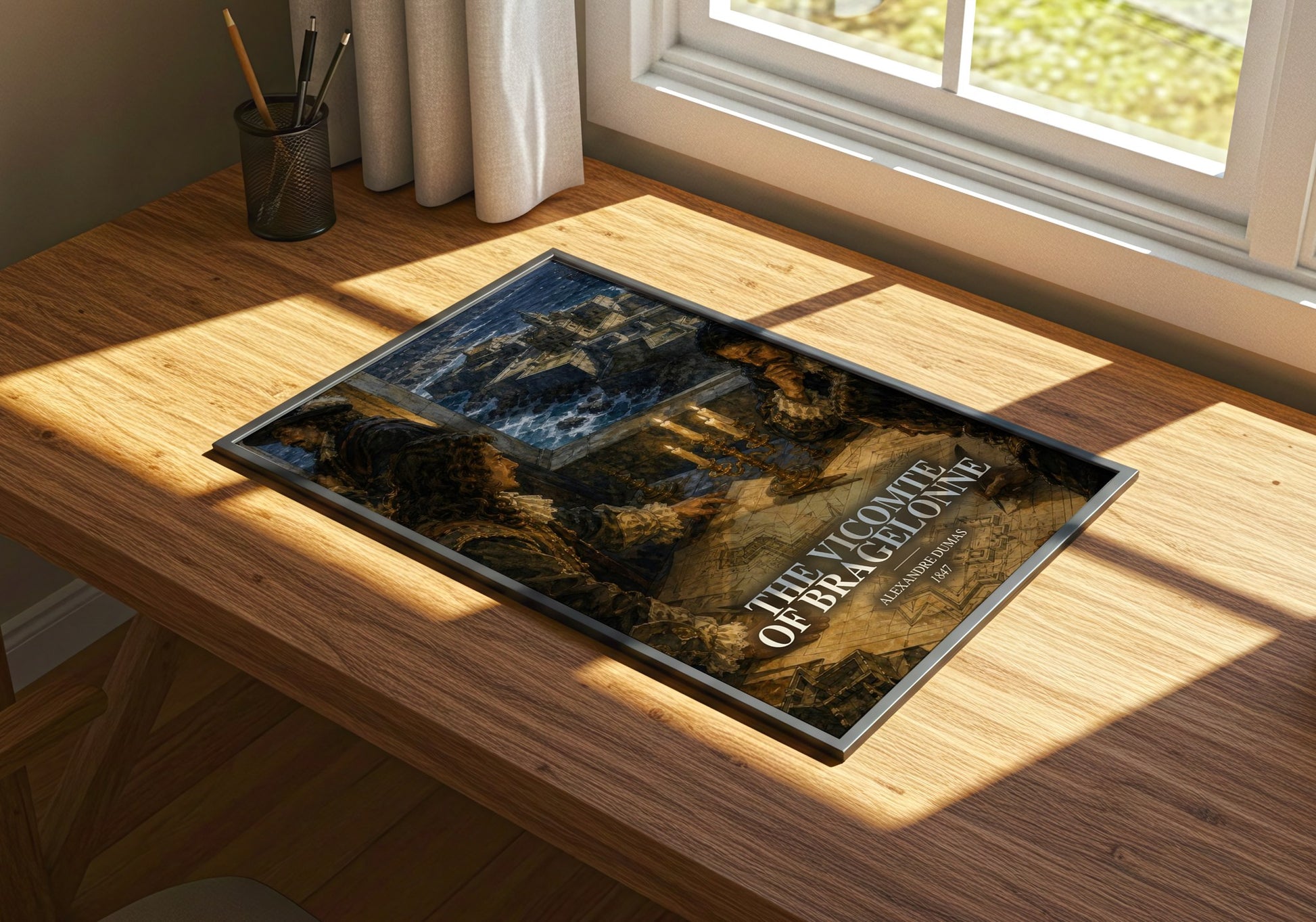 The Vicomte Of Bragelonne watercolour book poster framed on wall – historical fiction wall art