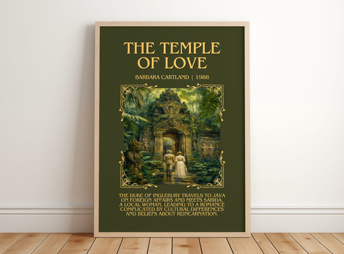 The Temple Of Love Minimalist Book Poster by Barbara Cartland – framed print leaning on a wooden floor