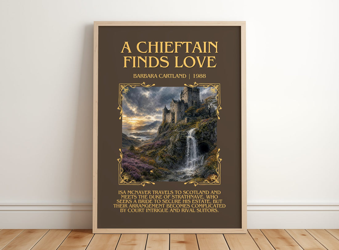 A Chieftain Finds Love Minimalist Book Poster by Barbara Cartland – framed print leaning on a wooden floor
