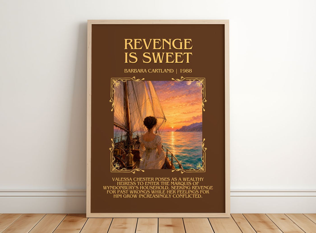 Revenge Is Sweet Minimalist Book Poster by Barbara Cartland – framed print leaning on a wooden floor