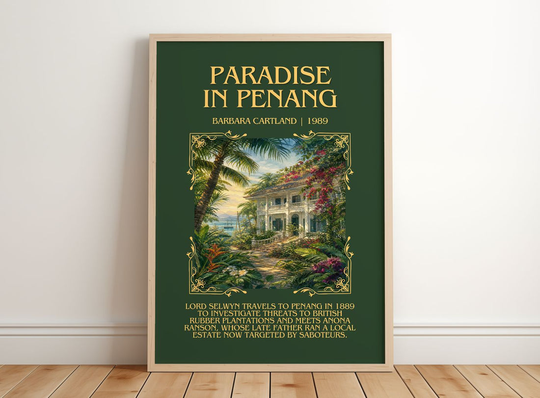 Paradise In Penang Minimalist Book Poster by Barbara Cartland – framed print leaning on a wooden floor