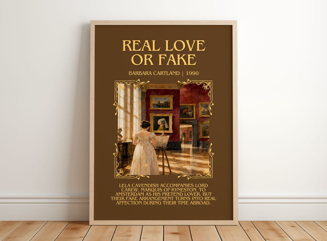 Real Love Or Fake Minimalist Book Poster by Barbara Cartland – framed print leaning on a wooden floor