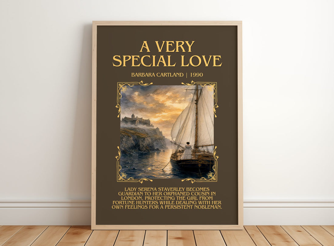 A Very Special Love Minimalist Book Poster by Barbara Cartland – framed print leaning on a wooden floor