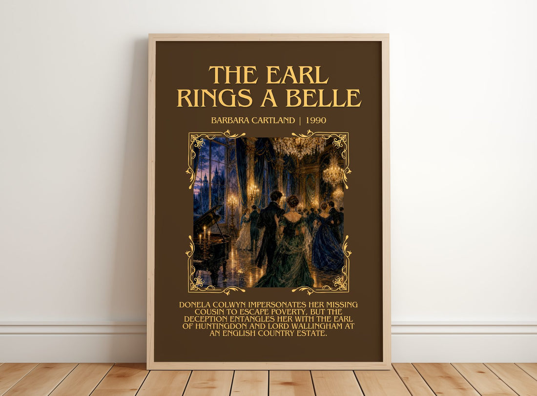 The Earl Rings A Belle Minimalist Book Poster by Barbara Cartland – framed print leaning on a wooden floor