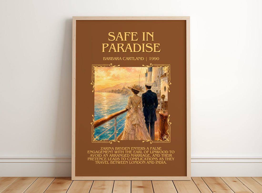 Safe In Paradise Minimalist Book Poster by Barbara Cartland – framed print leaning on a wooden floor