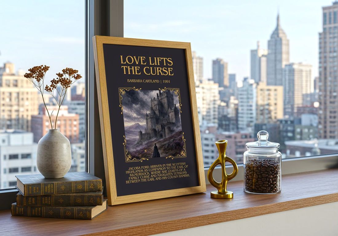 Love Lifts The Curse Minimalist Book Poster by Barbara Cartland – framed print on a city-view windowsill