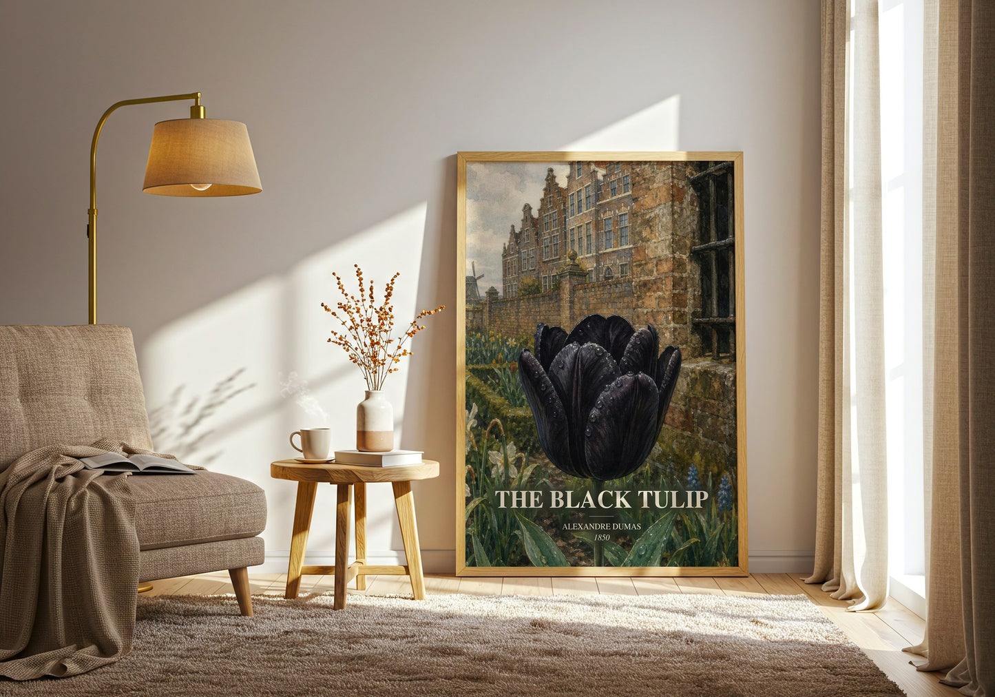 The Black Tulip watercolour print in frame leaning in hallway – historical fiction wall art