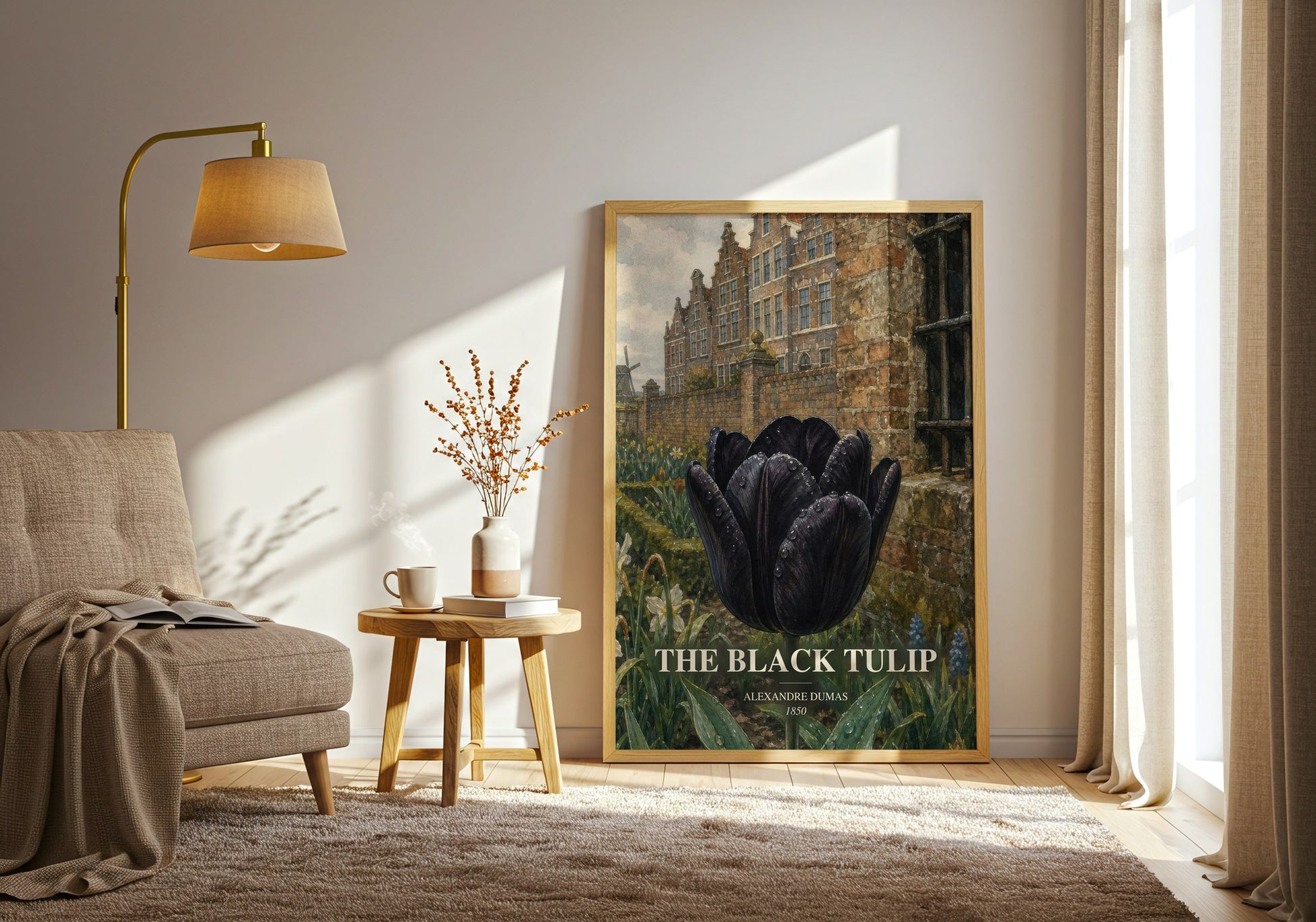 The Black Tulip watercolour print in frame leaning in hallway – historical fiction wall art