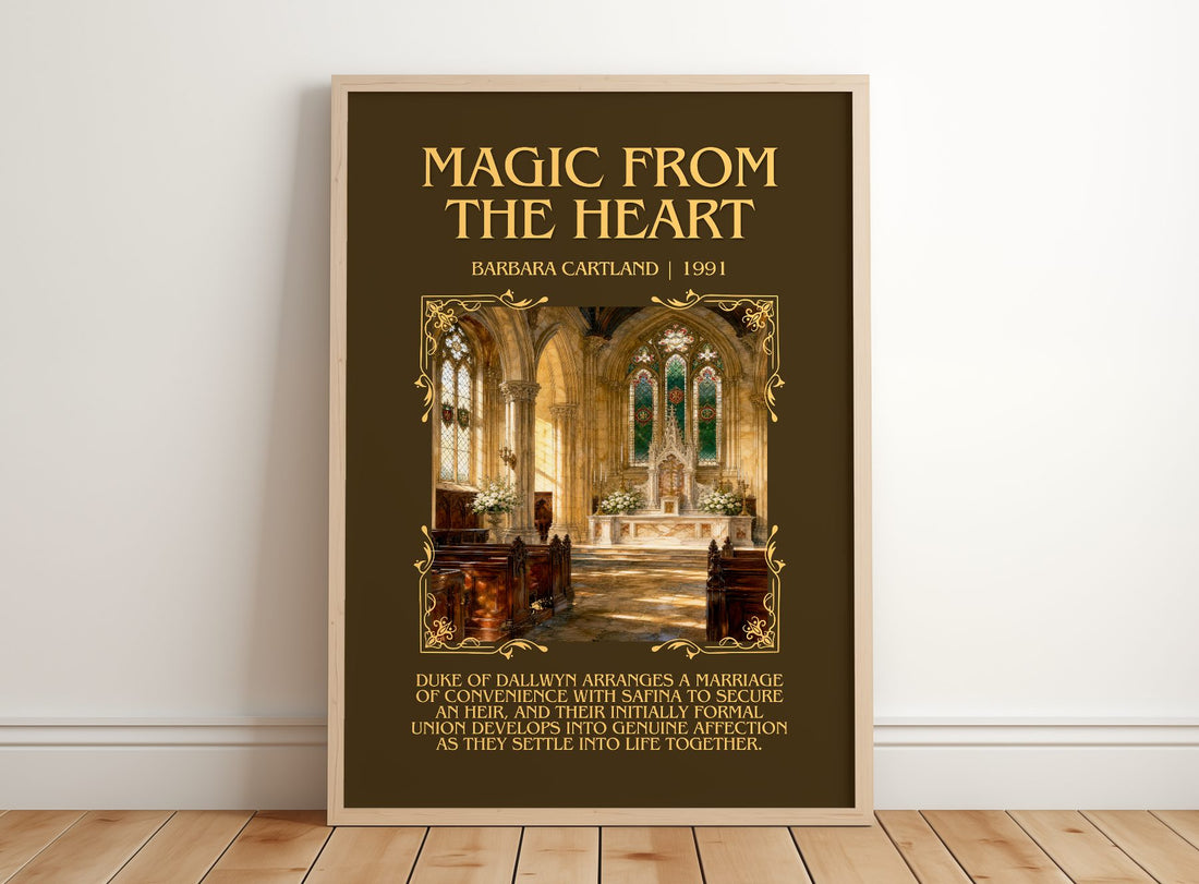 Magic From The Heart Minimalist Book Poster by Barbara Cartland – framed print leaning on a wooden floor