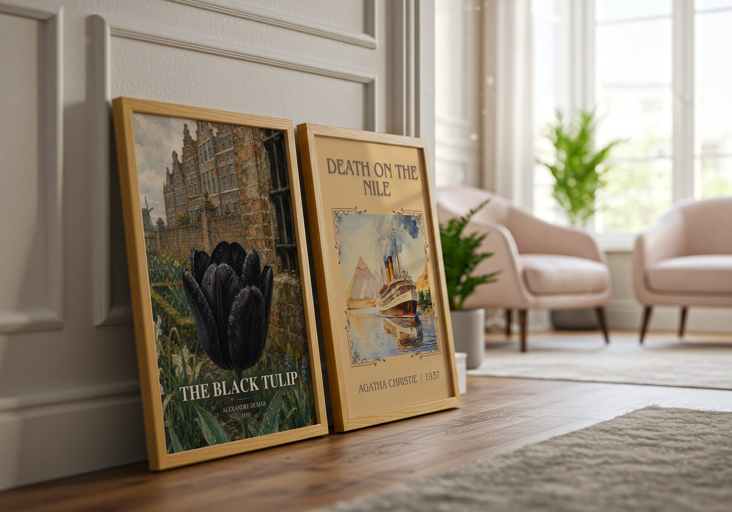 The Black Tulip watercolour print framed by window – literary home decor