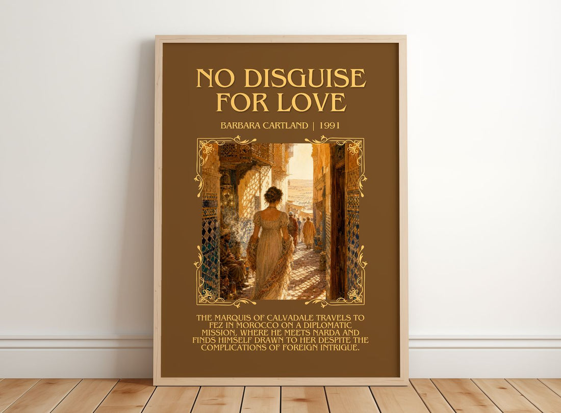 No Disguise For Love Minimalist Book Poster by Barbara Cartland – framed print leaning on a wooden floor