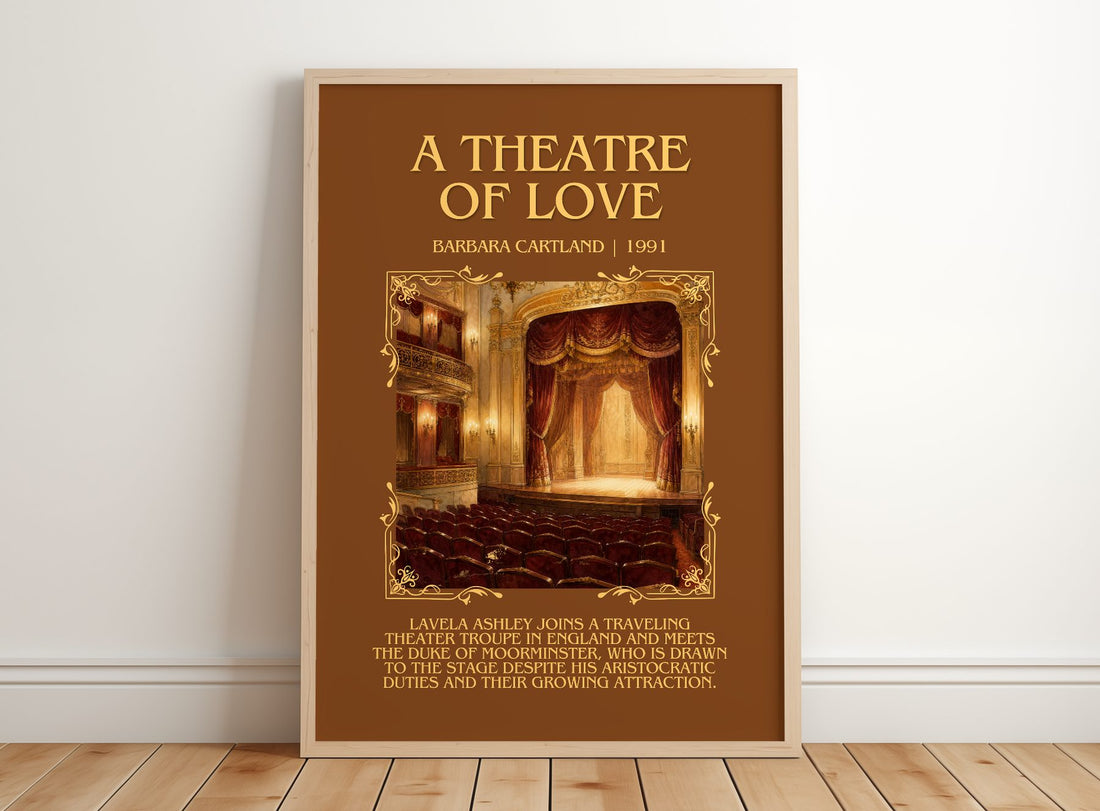 A Theatre Of Love Minimalist Book Poster by Barbara Cartland – framed print leaning on a wooden floor