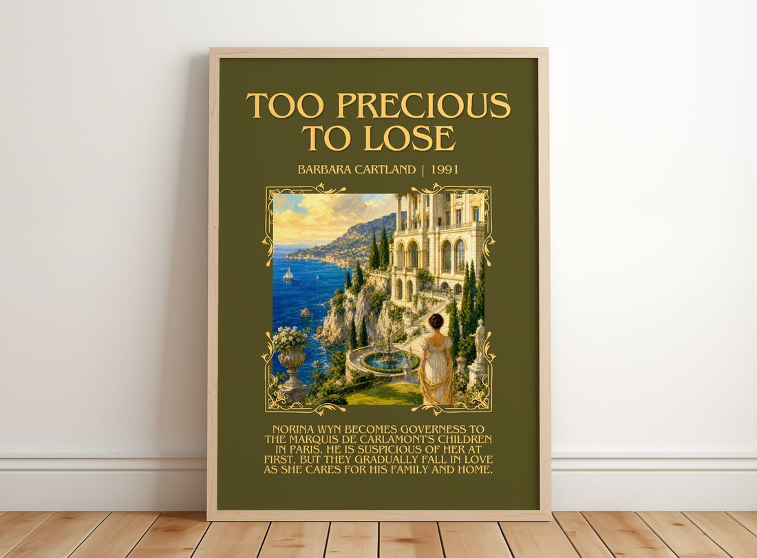 Too Precious To Lose Minimalist Book Poster by Barbara Cartland – framed print leaning on a wooden floor
