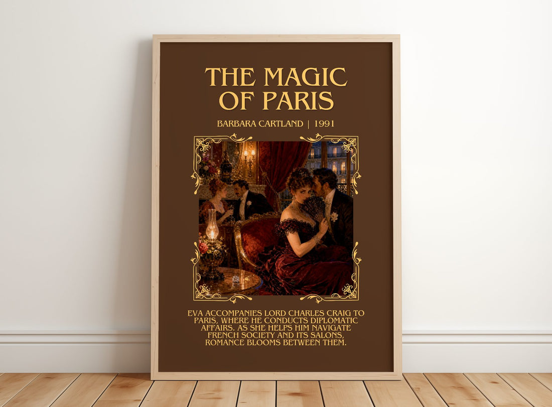 The Magic Of Paris Minimalist Book Poster by Barbara Cartland – framed print leaning on a wooden floor