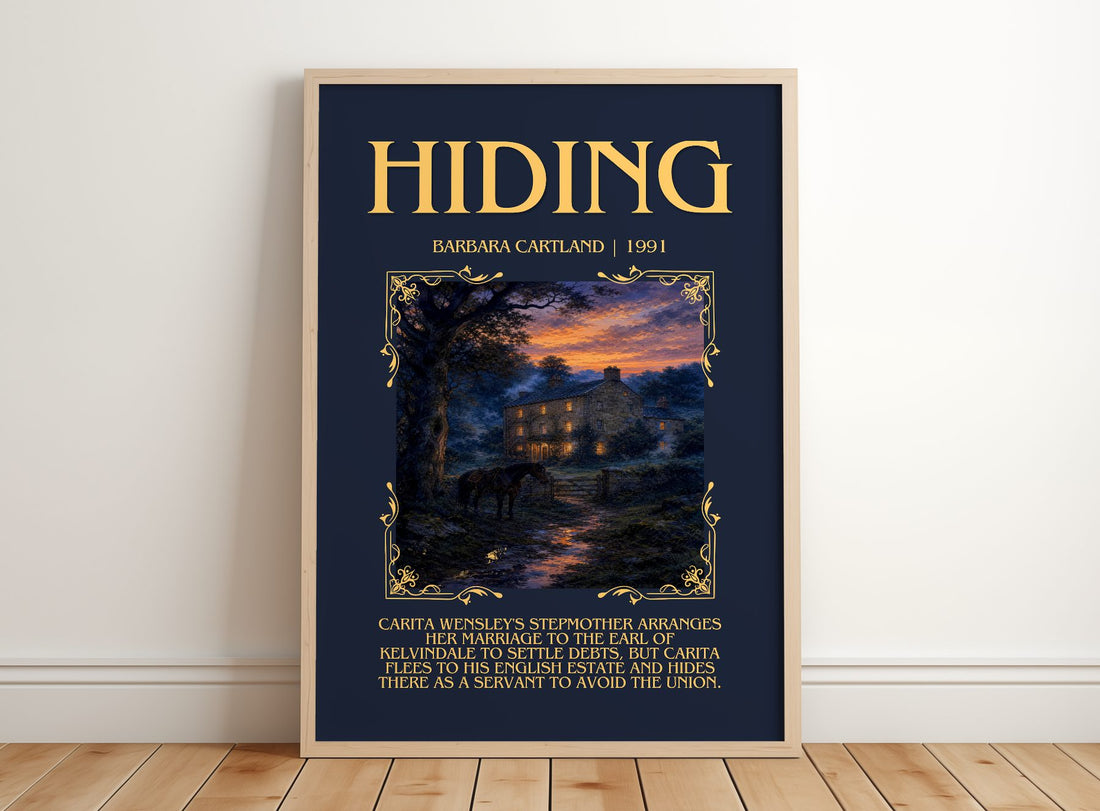 Hiding Minimalist Book Poster by Barbara Cartland – framed print leaning on a wooden floor