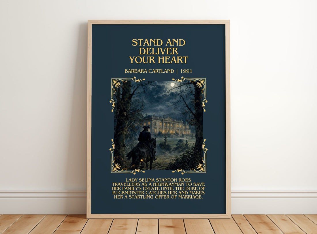 Stand And Deliver Your Heart Minimalist Book Poster by B. Cartland – framed print leaning on a wooden floor