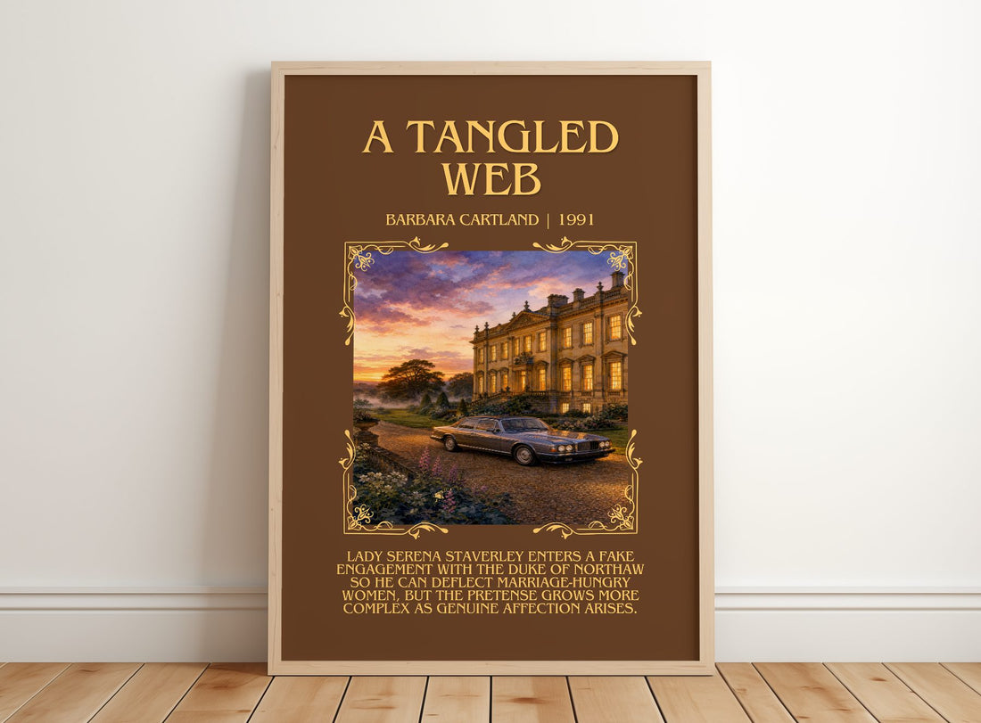A Tangled Web Minimalist Book Poster by Barbara Cartland – framed print leaning on a wooden floor