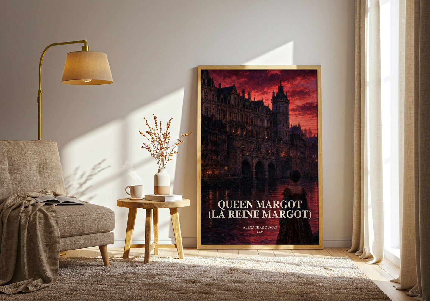 Queen Margot (La Reine Margot) watercolour print in frame leaning in hallway – historical fiction wall art