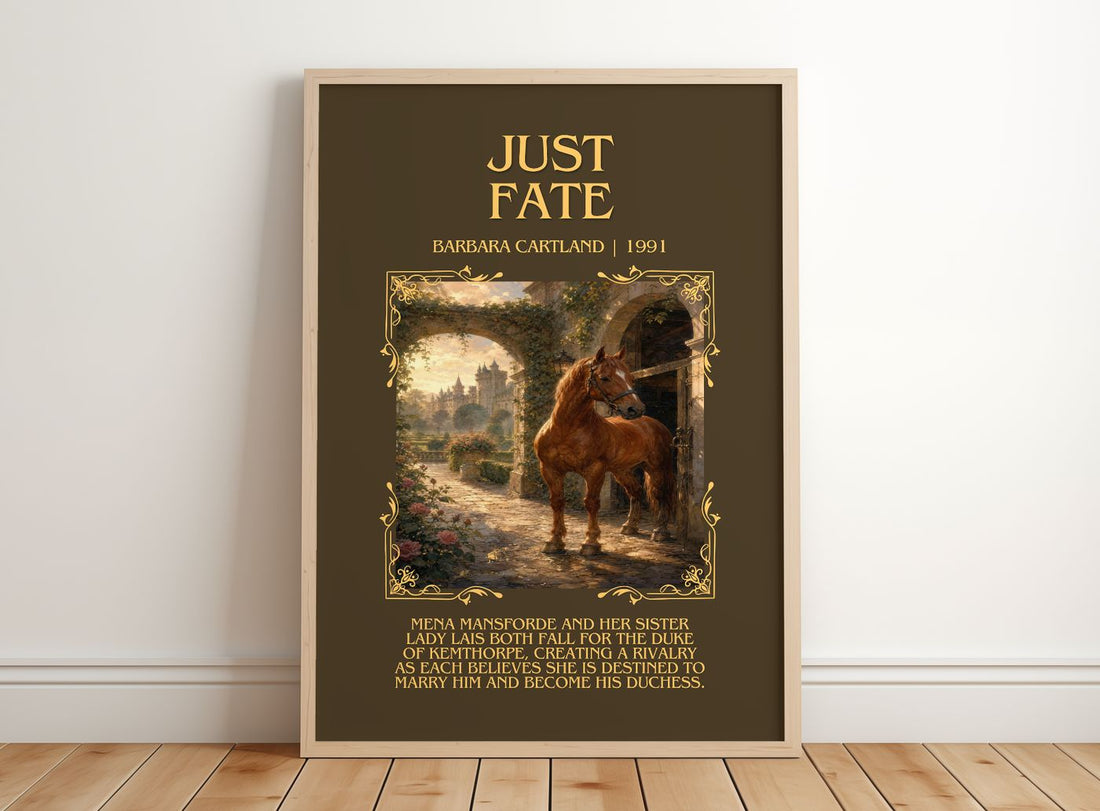 Just Fate Minimalist Book Poster by Barbara Cartland – framed print leaning on a wooden floor