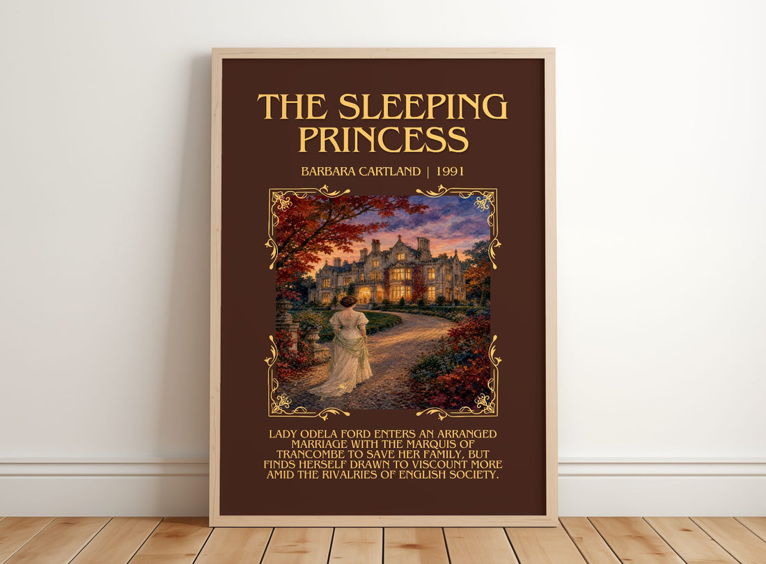 The Sleeping Princess Minimalist Book Poster by Barbara Cartland – framed print leaning on a wooden floor
