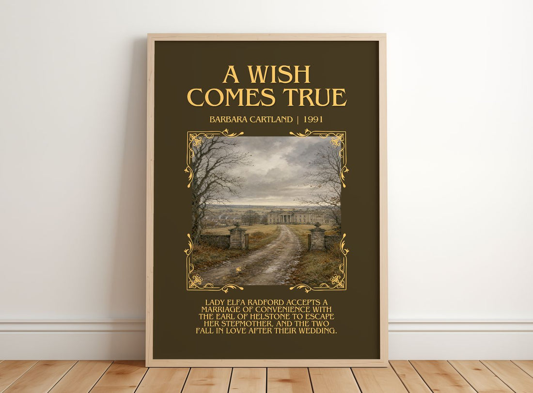 A Wish Comes True Minimalist Book Poster by Barbara Cartland – framed print leaning on a wooden floor