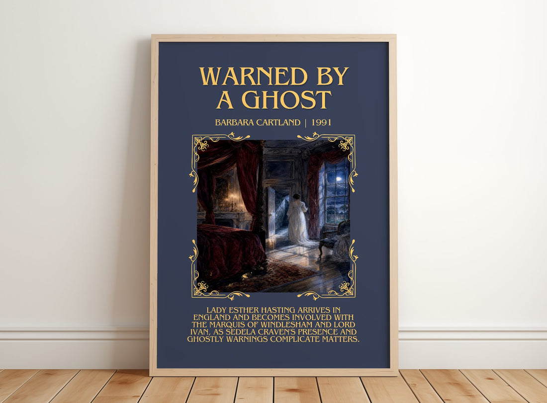 Warned By A Ghost Minimalist Book Poster by Barbara Cartland – framed print leaning on a wooden floor
