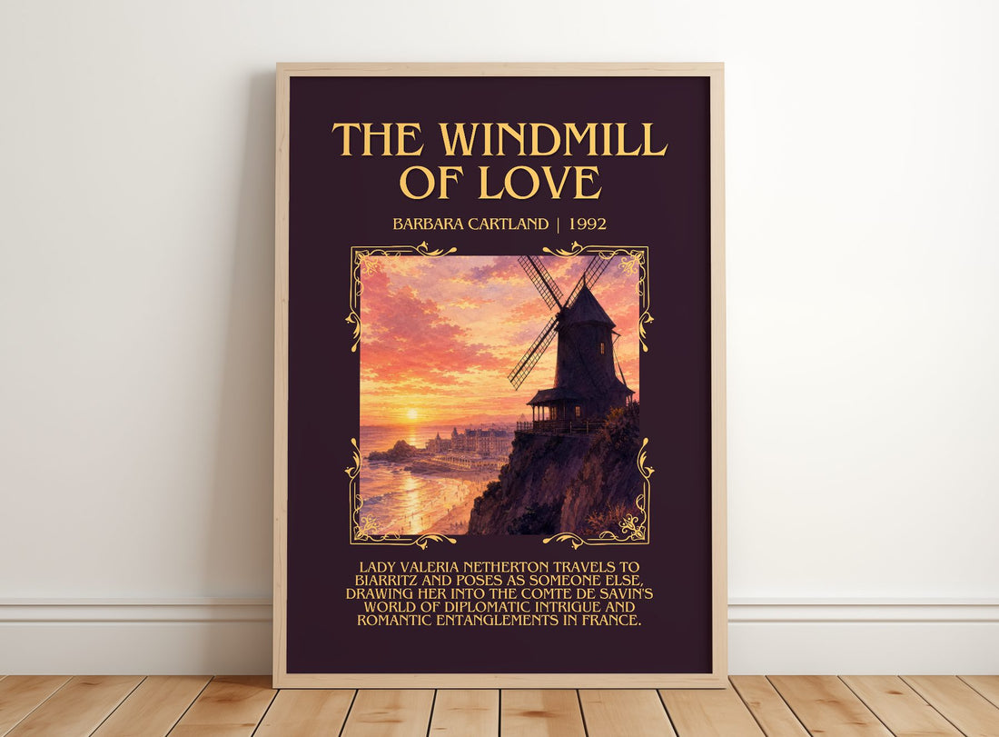 The Windmill Of Love Minimalist Book Poster by Barbara Cartland – framed print leaning on a wooden floor