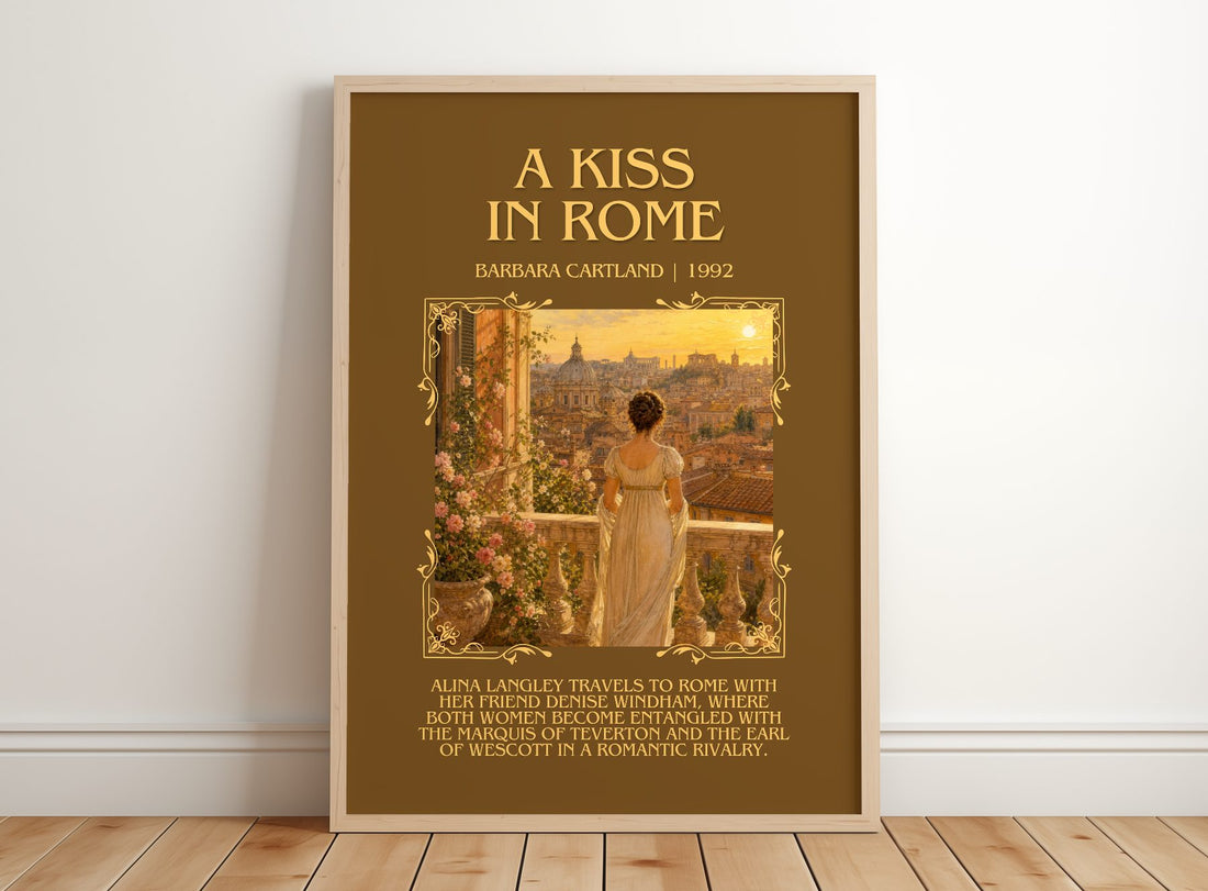 A Kiss In Rome Minimalist Book Poster by Barbara Cartland – framed print leaning on a wooden floor