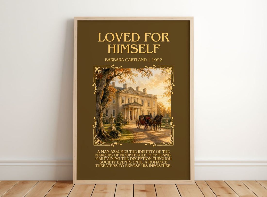 Loved For Himself Minimalist Book Poster by Barbara Cartland – framed print leaning on a wooden floor