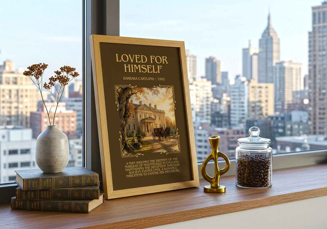 Loved For Himself Minimalist Book Poster by Barbara Cartland – framed print on a city-view windowsill